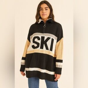 SKI Women's Henley Sweater | Black and Cream | Trending‎ Ski Logo | XL